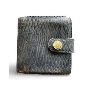 Vintage SAZABY Black Lizard Snake Print Leather Bifold Wallet Gold Logo RARE